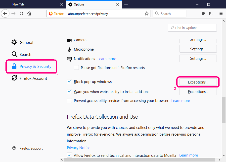 how to find pop up blocker in firefox